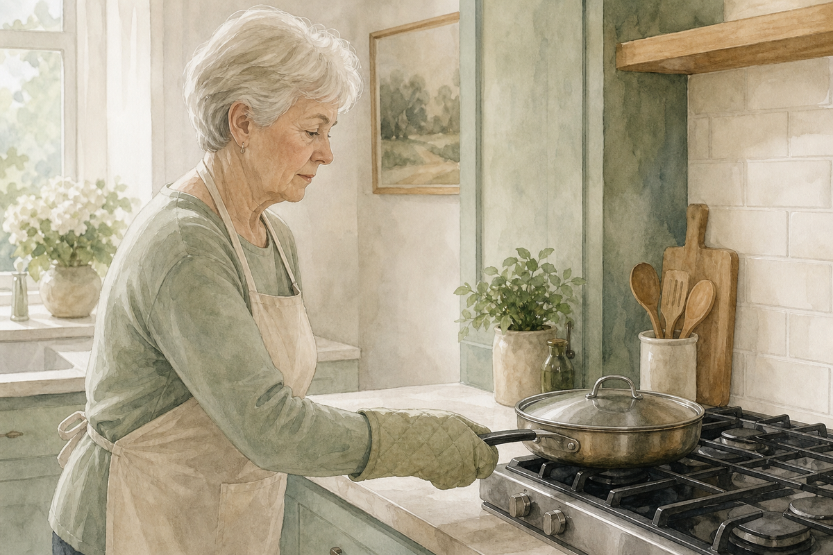 Watercolor illustration: older white woman alone at a home stove turning a pan handle inward with an oven mitt.
