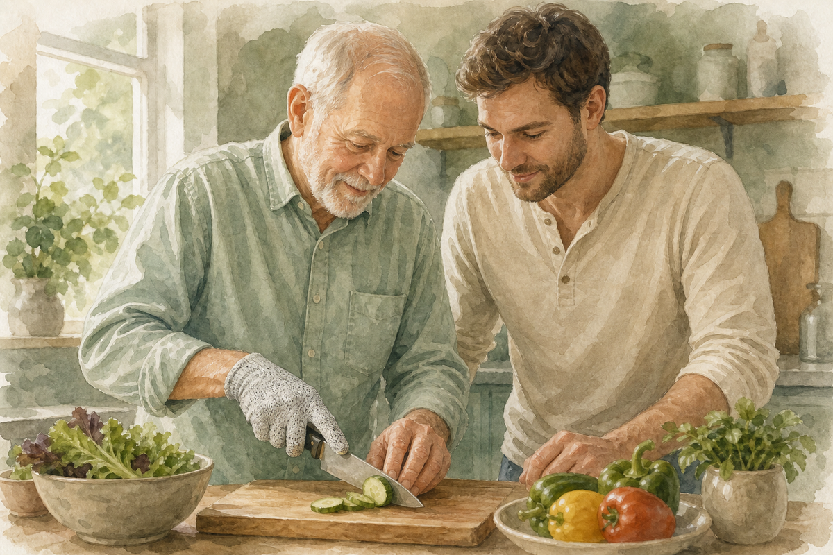 Watercolor illustration: older white man and younger adult companion at a cutting board, one wearing a cut-resistant glove while slicing.
