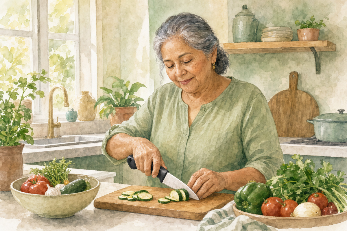 Watercolor illustration: older Latina woman alone slicing vegetables with an easy-grip handled knife at a calm kitchen counter.