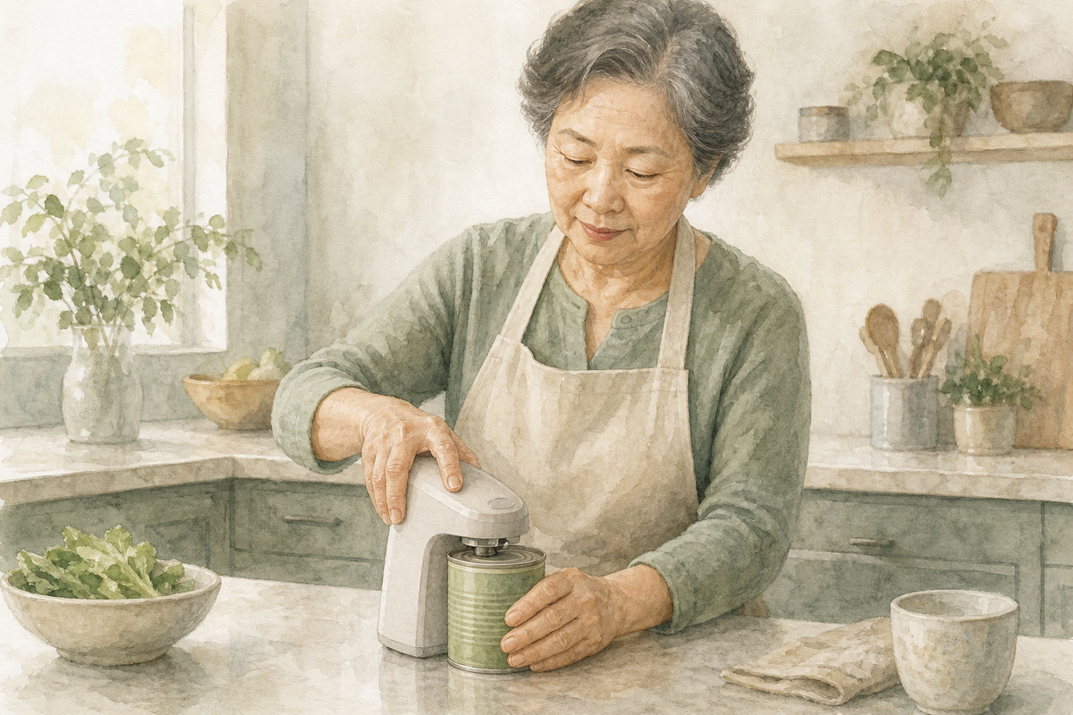 Watercolor illustration: older East Asian woman alone using a small electric can opener at a home kitchen counter.