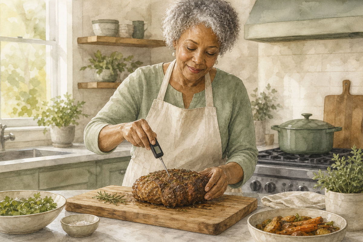 Watercolor illustration: older Black woman alone checking a digital food thermometer in a roast on a kitchen cutting board.