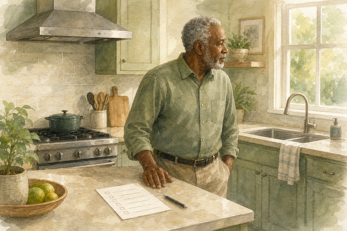 Watercolor illustration: older Black man alone reviewing a simple kitchen safety checklist at a bright home island.