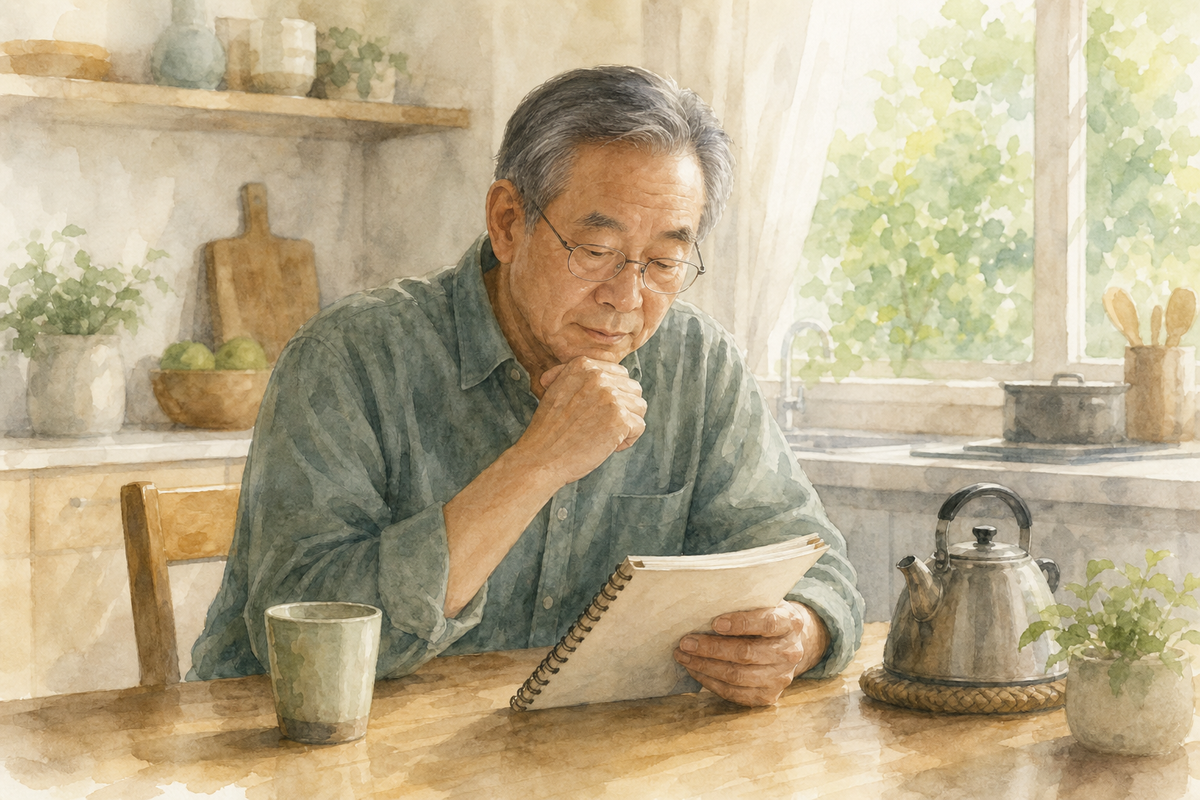 Watercolor illustration: older East Asian woman alone at a kitchen table reviewing a notebook beside a kettle and jar.