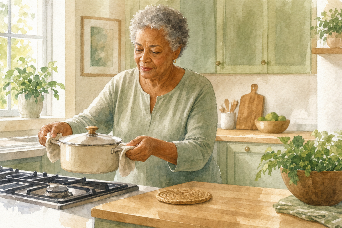 Watercolor illustration: older Black woman alone lifting a light saucepan from a stove to a clear counter landing spot.