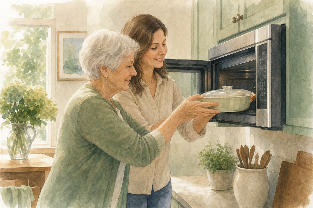 Watercolor illustration: older white woman and adult daughter placing a covered dish into a microwave at a reachable height.