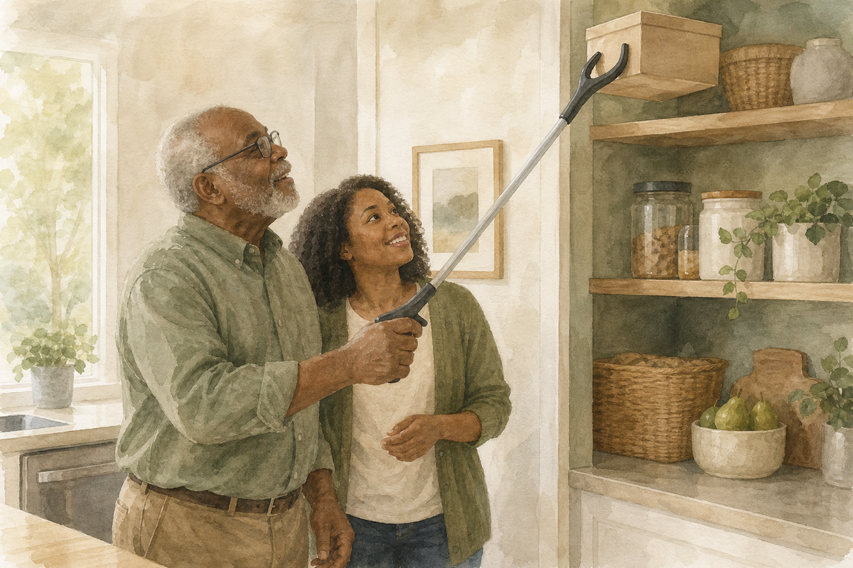 Watercolor illustration: older Black man and adult granddaughter using a reacher grabber to bring a pantry item down from a high shelf.
