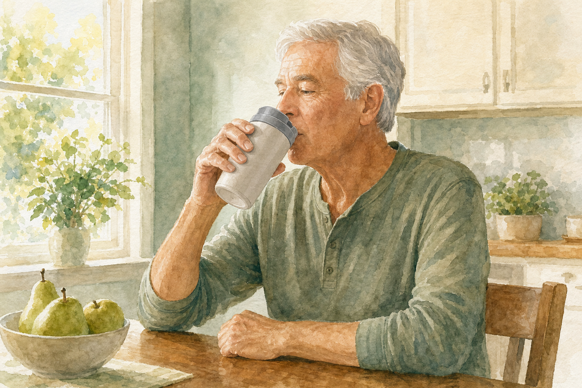 Watercolor illustration: older white man alone drinking from a spill-proof cup at a sunny kitchen table.