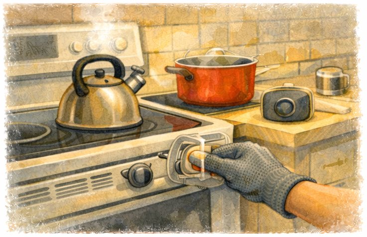 Kitchen safety illustration with stove knob cover, kettle, pot, and protective glove in a warm home setting.