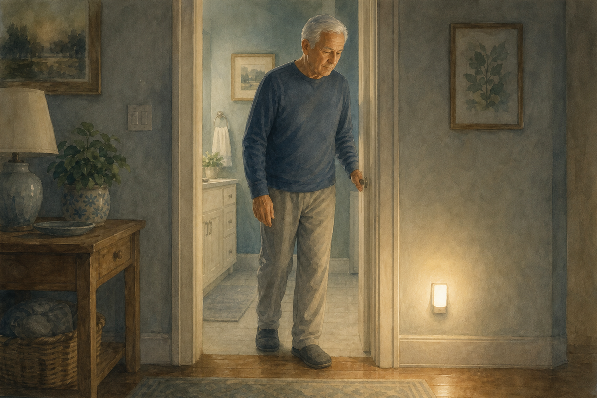 Bathroom Night Light — Home Care Compass hero illustration for families; warm editorial style; no text in the image.