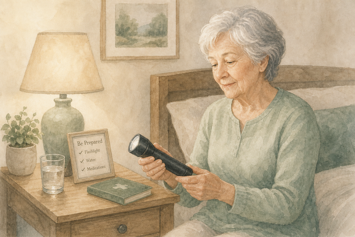Flashlight For Emergencies — Home Care Compass hero illustration for families; warm editorial style; no text in the image.