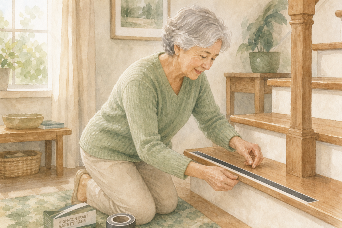 High Contrast Tape For Stairs — Home Care Compass hero illustration for families; warm editorial style; no text in the image.