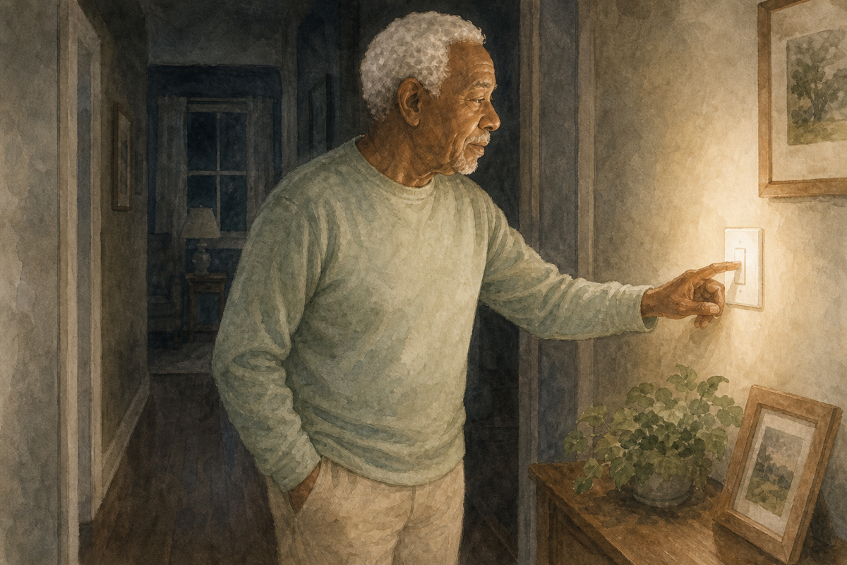 Illuminated Light Switches — Home Care Compass hero illustration for families; warm editorial style; no text in the image.