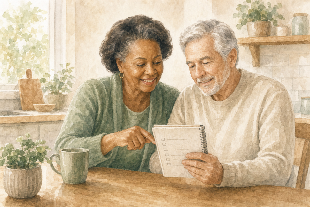 Lighting &amp; Visibility FAQ — Home Care Compass hero illustration for families; warm editorial style; no text in the image.