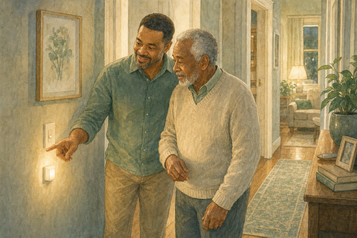 Lighting &amp; Visibility — Home Care Compass hero illustration for families; warm editorial style; no text in the image.