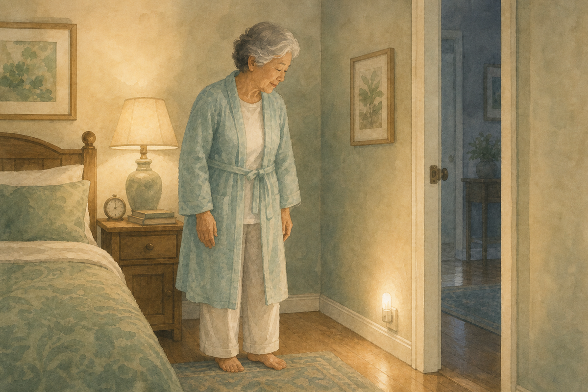 Night Lights For Seniors — Home Care Compass hero illustration for families; warm editorial style; no text in the image.