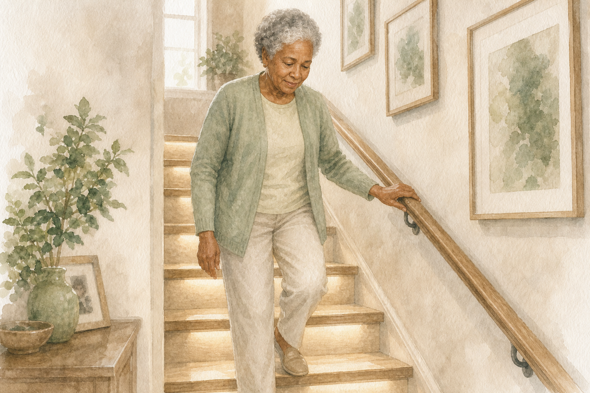 Stair Lighting — Home Care Compass hero illustration for families; warm editorial style; no text in the image.