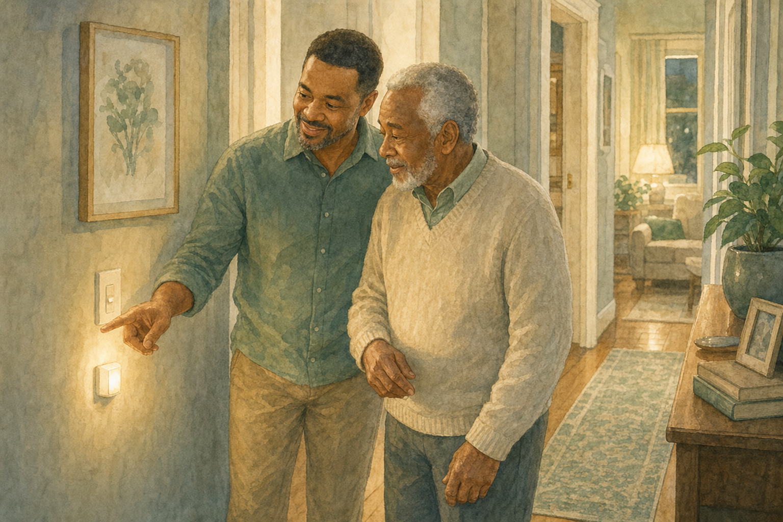 Illustration: older father and adult son checking a hallway night light and wall switch for safer evening paths.