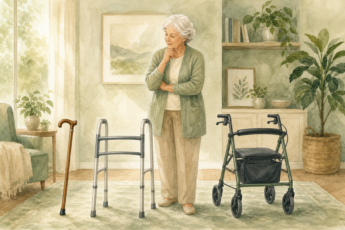 Illustration: South Asian older man at home comparing a cane, walker, and rollator; warm editorial style; no text in the image.