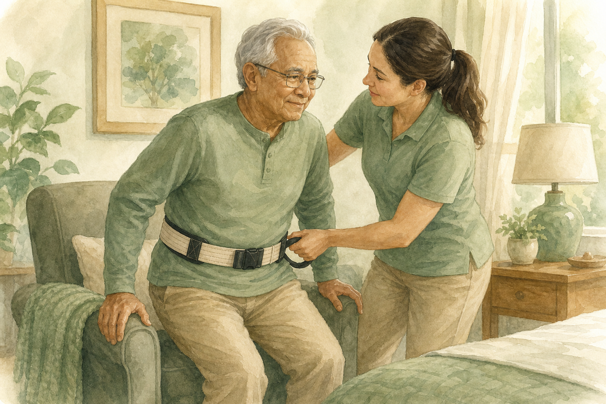 Illustration: caregiver assisting an East Asian older man with a gait transfer belt at home; warm editorial style; no text in the image.