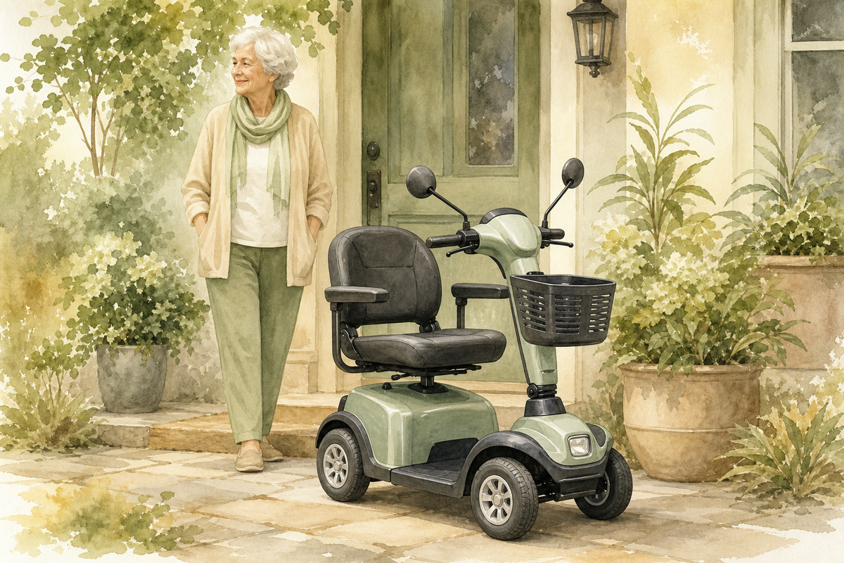 Illustration: White older woman with a mobility scooter in a home entryway near charging; warm editorial style; no text in the image.