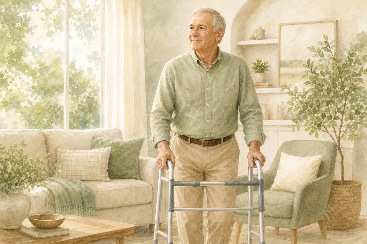 Illustration: Hispanic older man using a standard walker in a home hallway; warm editorial style; no text in the image.