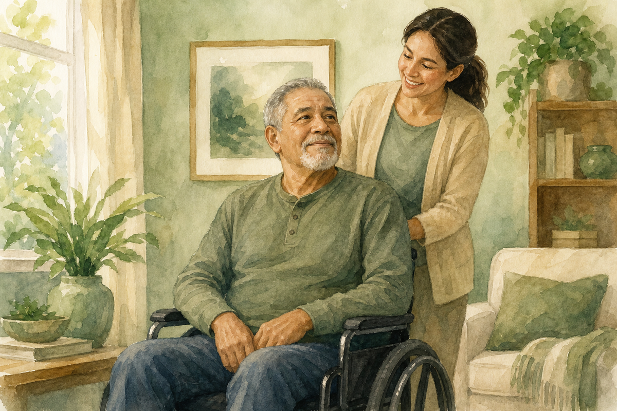 Illustration: Black older man in a manual wheelchair in a home living area; warm editorial style; no text in the image.