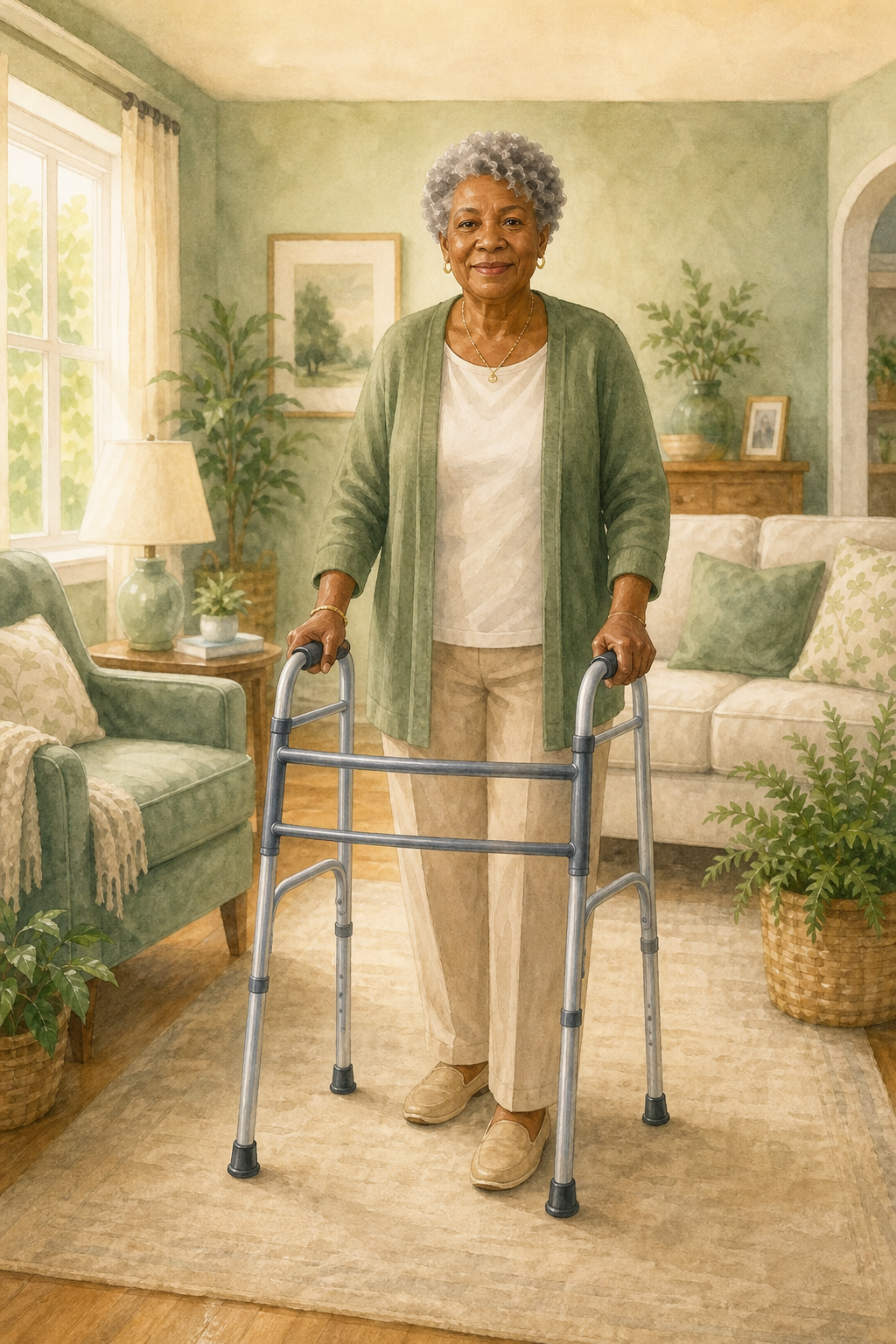 Illustration: Black older woman at home using a walker for walking support; warm editorial style; no text in the image.