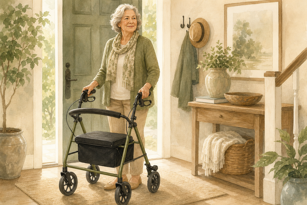 Illustration: East Asian older woman with a rollator walker and seat in a home entryway; warm editorial style; no text in the image.