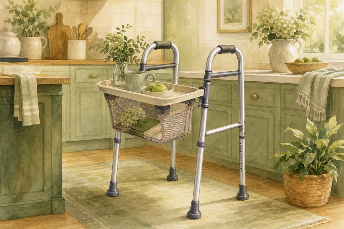 Illustration: South Asian older woman with walker tray and basket accessories in a home kitchen; warm editorial style; no text in the image.