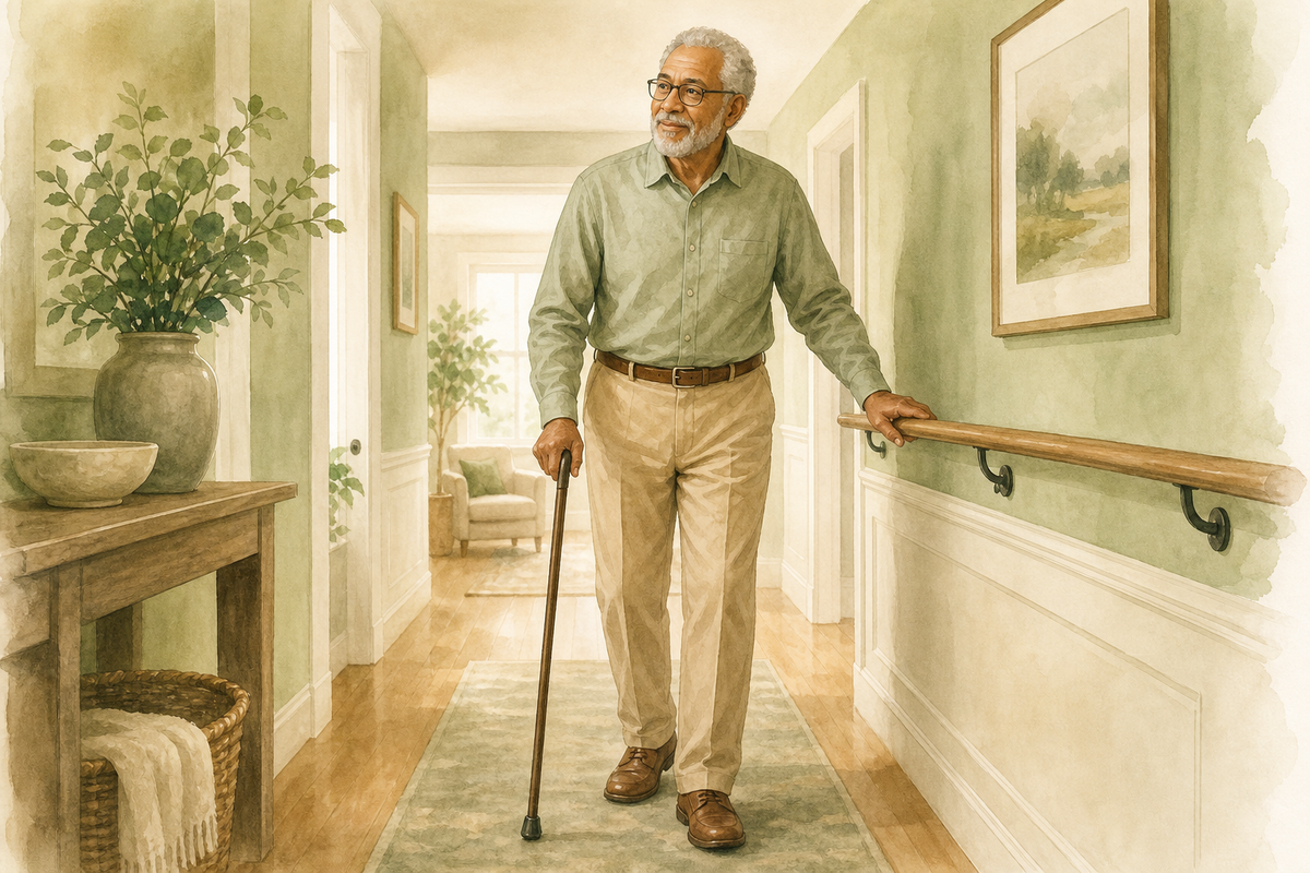 Illustration: White older woman using a walking cane safely in a home hallway; warm editorial style; no text in the image.