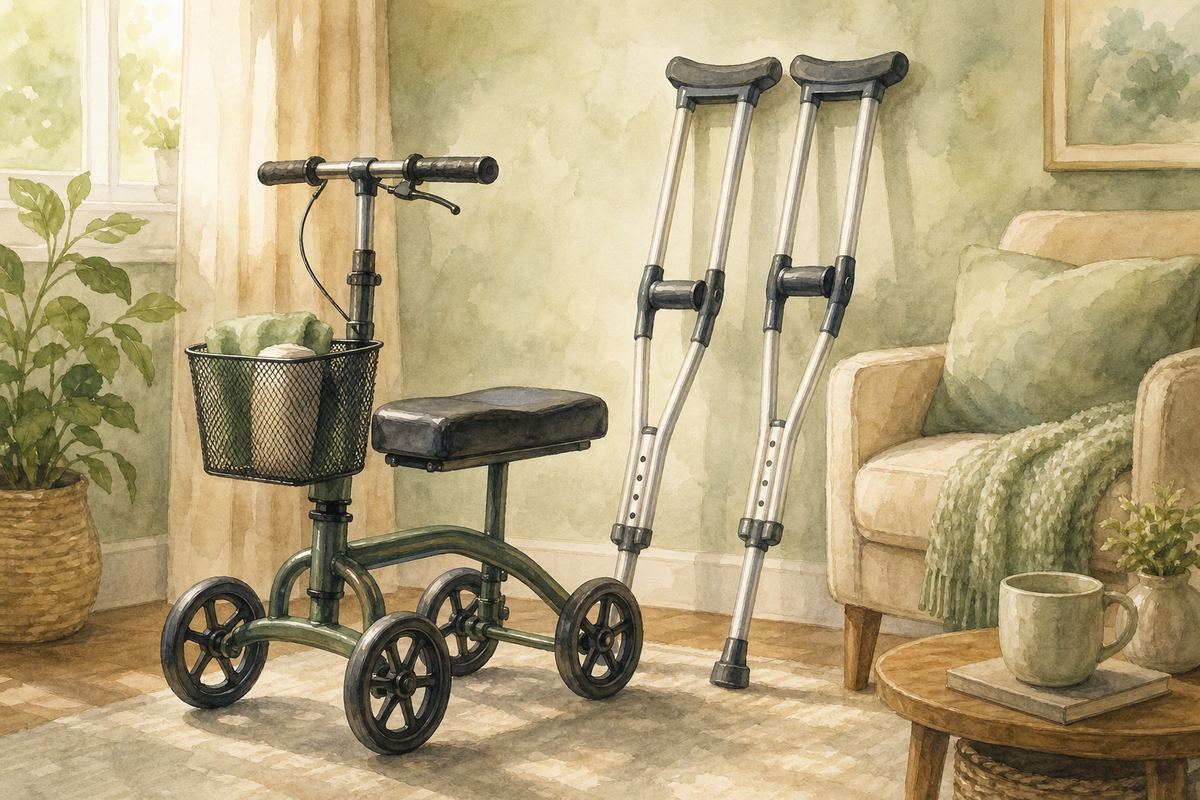 Illustration: Hispanic older woman using a knee scooter in a home hallway during recovery; warm editorial style; no text in the image.