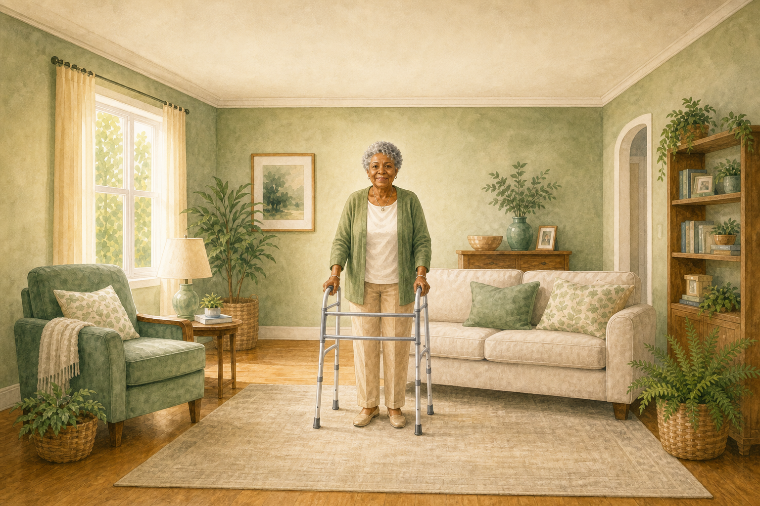 Illustration: Black older woman at home using a walker for walking support; warm editorial watercolor style; no text in the image.