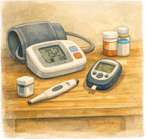 Illustration of medical equipment including a blood pressure monitor, glucose meter, and medicine bottles on a wooden surface.