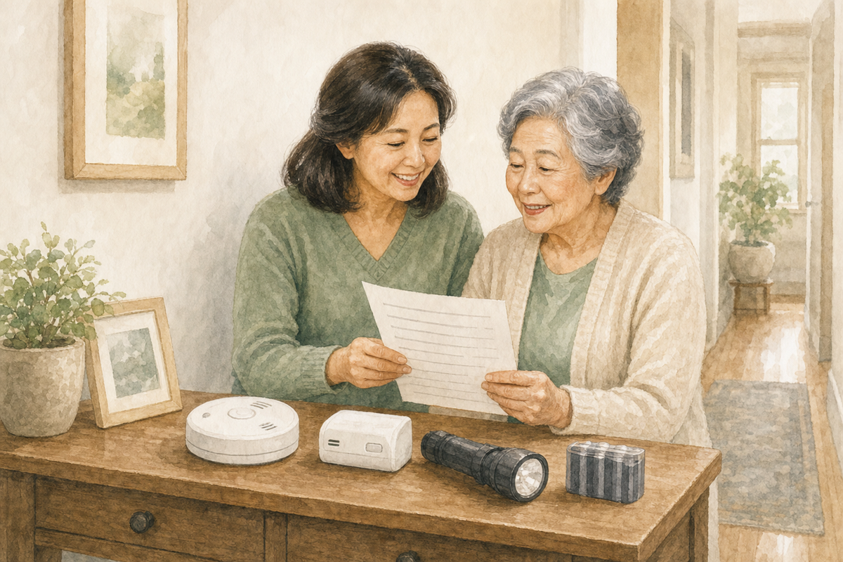 Older adult and another adult reviewing a detector checklist at a hallway console table with smoke and carbon monoxide alarms, flashlight, and backup battery pack.