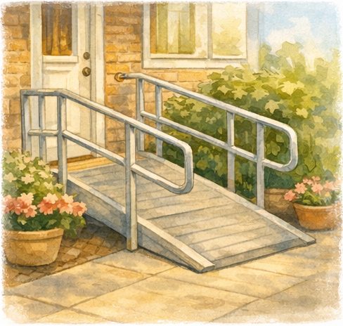 Illustration of a wooden ramp leading to a door with handrails, surrounded by plants.