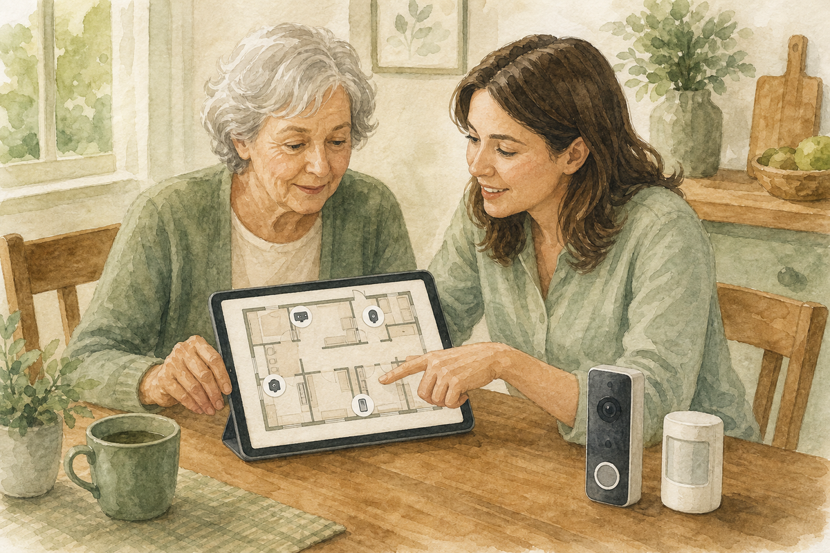 Older adult and family member reviewing a home layout on a tablet beside a video doorbell and motion sensor.