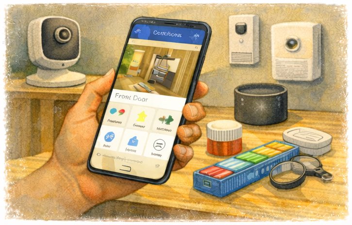 Smart home safety technology with phone app, camera, and sensors