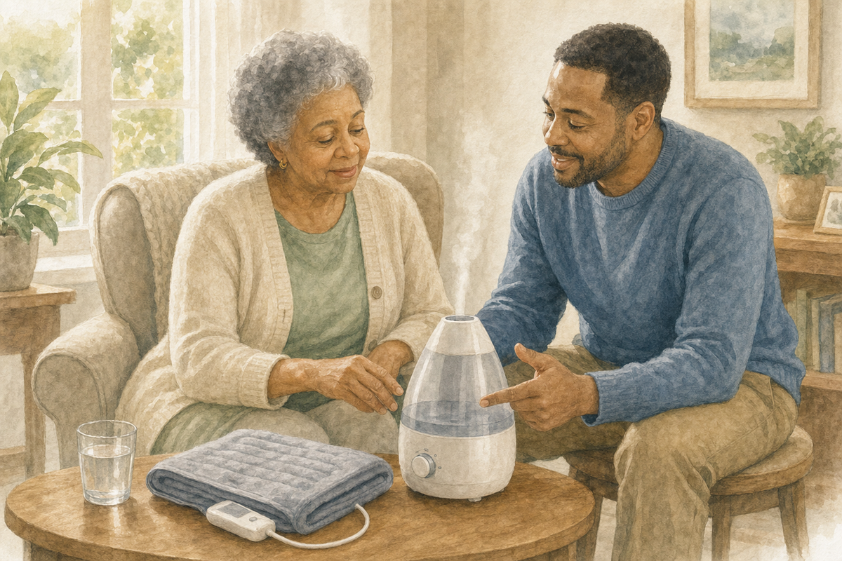 Wellness &amp; Recovery — Home Care Compass hero illustration for families; warm editorial style; no text in the image.