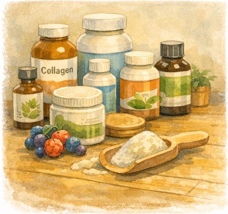 Illustration of various health supplements on a wooden surface with a scoop of powder.