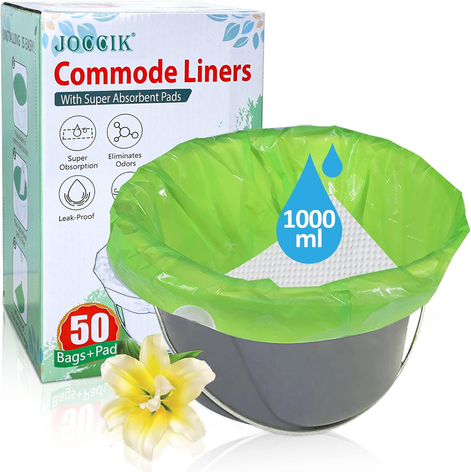 Disposable commode liners with absorbent pad (Commode supplies)