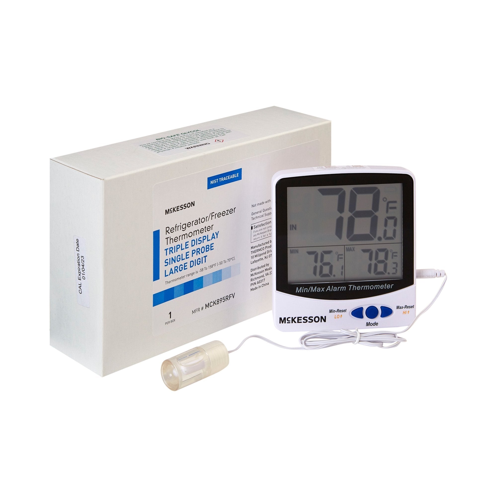 Digital Refrigerator Freezer Thermometer With Alarm Mckesson Fahrenheit Celsius 58 To 158 F 50 To 70 C Glycol Bottle Probe Internal Sensor Multiple Mounting Options Battery Operated (Catalog listing)