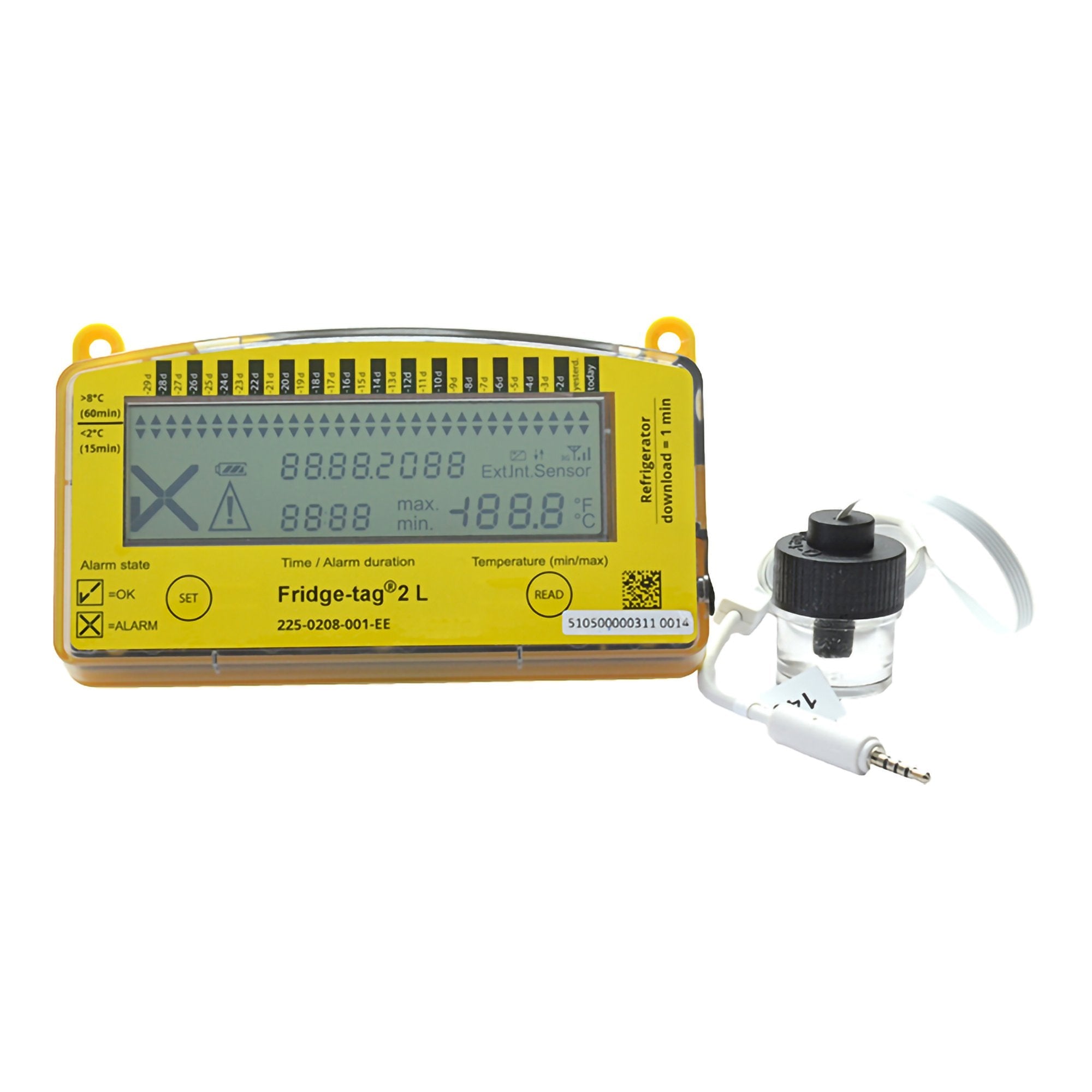Refrigerator Vaccine Data Logger With Alarm Fridge Tag 2l Fahrenheit Celsius 22 To 131 F 30 To 55 C Glycol Bottle Probe Battery Operated (Catalog listing)