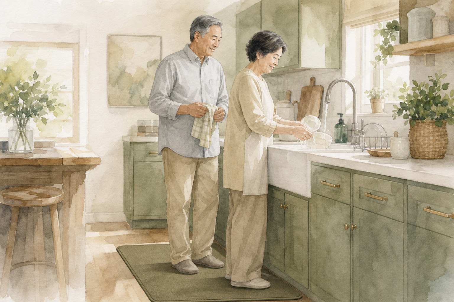 Watercolor illustration: older East Asian couple standing at a kitchen sink with a flat-edged anti-fatigue mat underfoot.