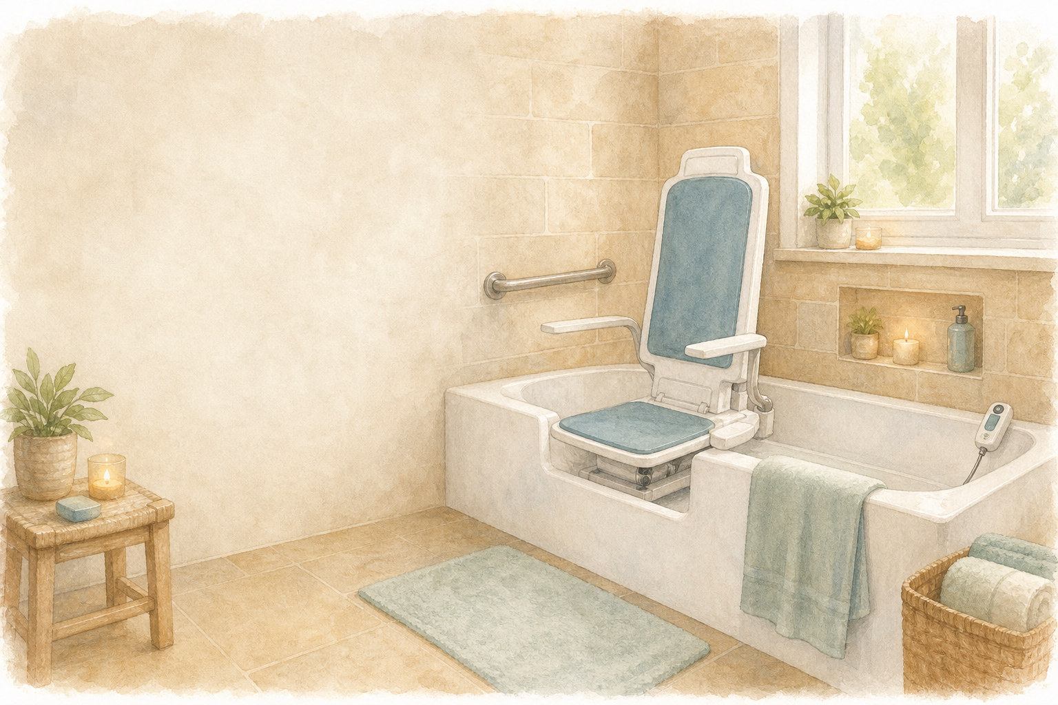 Bath Lifts: Home Care Compass hero illustration: warm, plain bathroom home-safety scene for older adults; no text in the image.