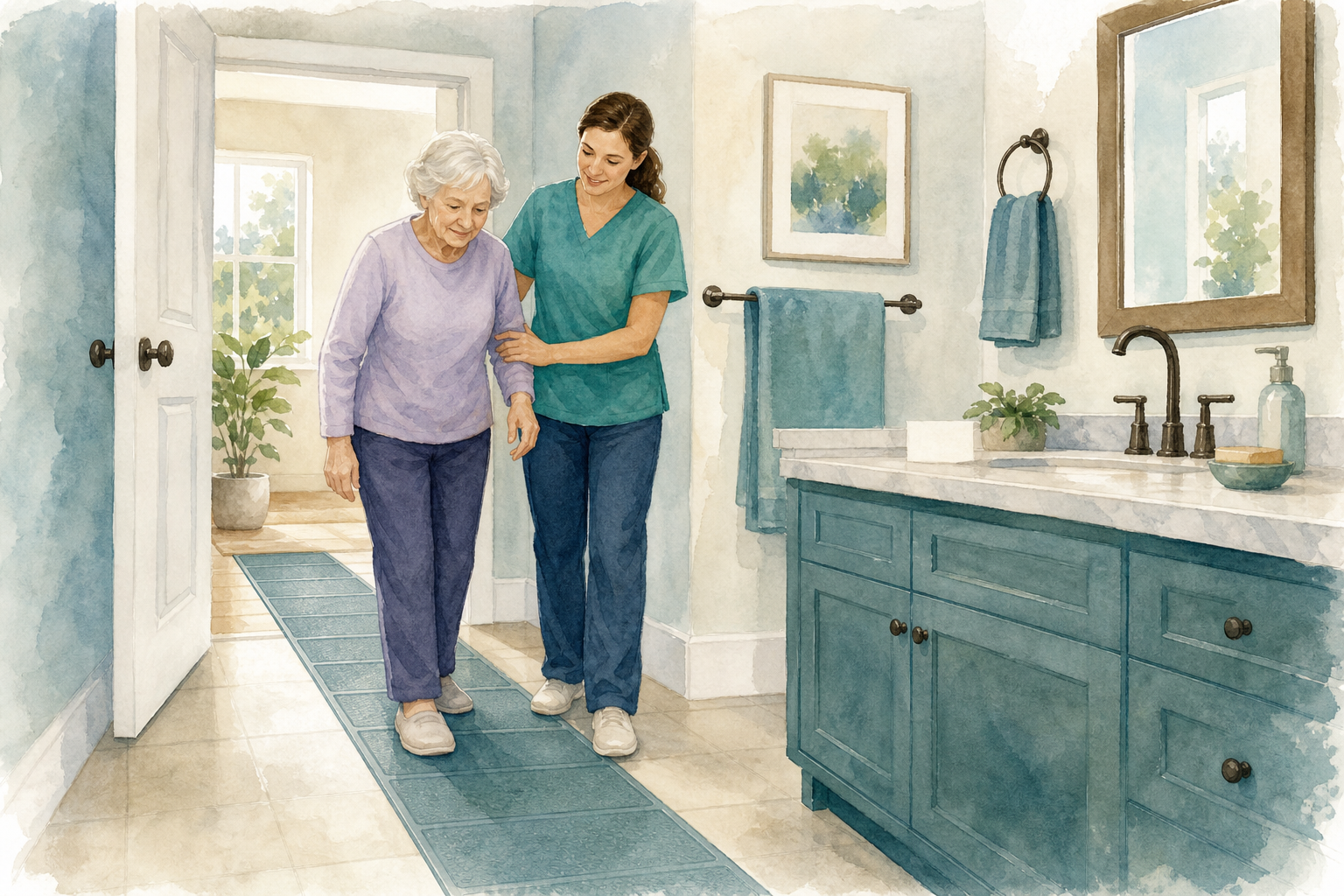 Illustration: caregiver checking bathroom floor path traction toward toilet and vanity.