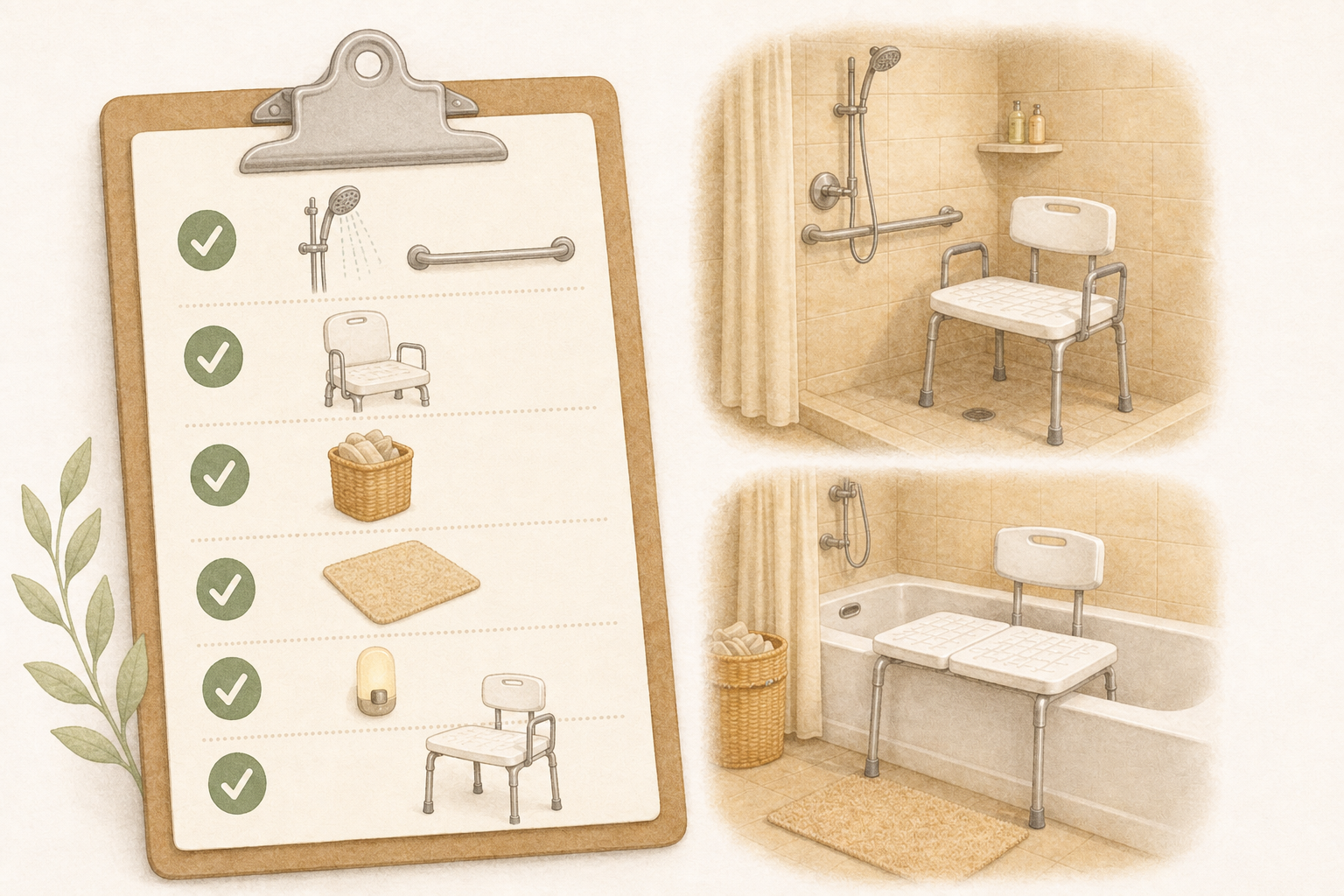 Bathroom Safety Checklist: Home Care Compass hero illustration: warm, plain bathroom home-safety scene for older adults; no text in the image.