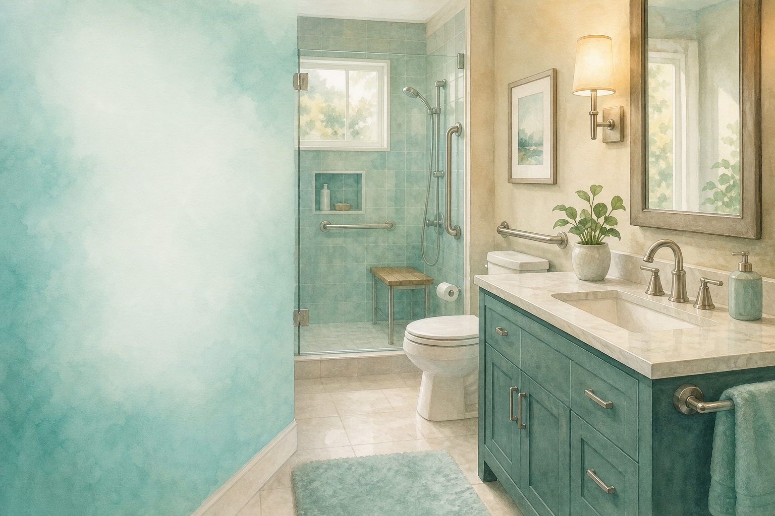 Bathroom Safety FAQ — Home Care Compass hero illustration: warm, plain bathroom home-safety scene for older adults; no text in the image.