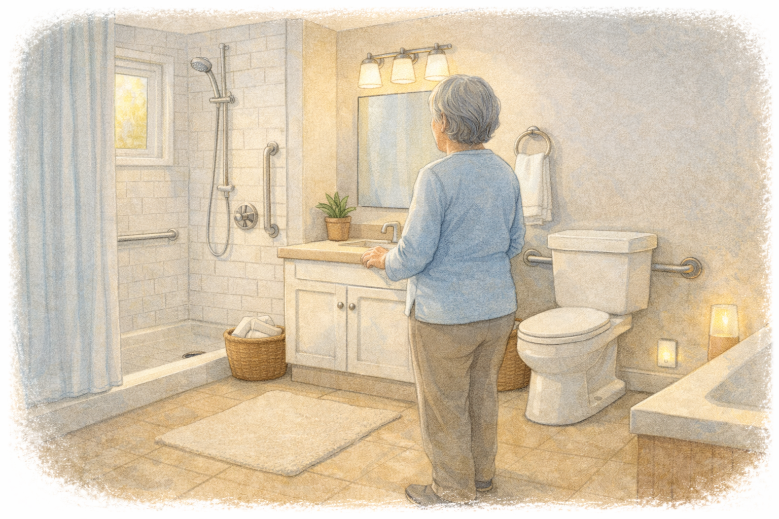 Bathroom Safety &amp; Accessibility: Home Care Compass hero illustration: warm, plain bathroom home-safety scene for older adults; no text in the image.