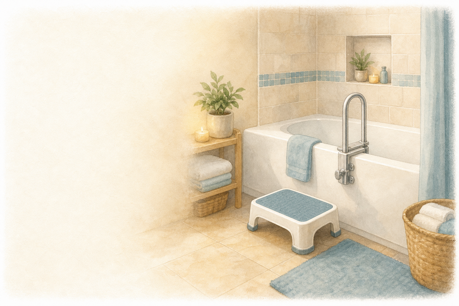 Bathtub Rails &amp; Bath Steps: Home Care Compass hero illustration: warm, plain bathroom home-safety scene for older adults; no text in the image.