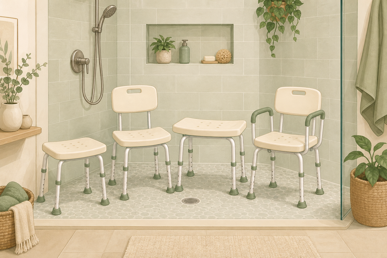 Illustration of four shower chair styles grouped for comparison; no text in the image.